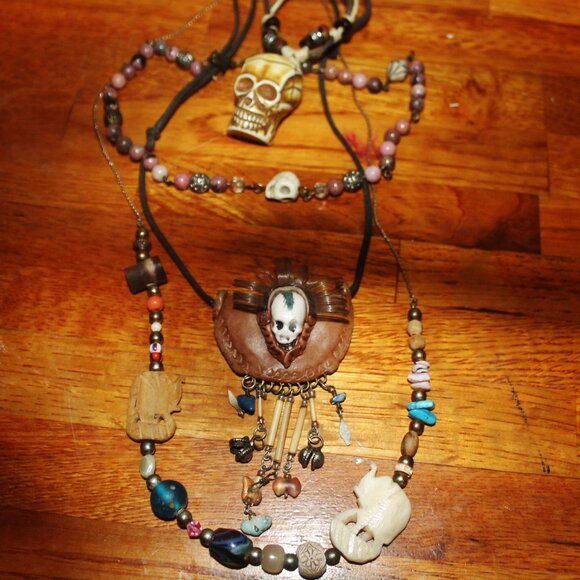 4pc Wiccan Goth Spell Magic Good Luck Turquoise Leather Bone Skull Necklaces - Picture 1 of 6